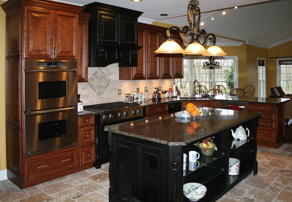 Image of: Cherry Wood Kitchen Cabinets With Black Granite