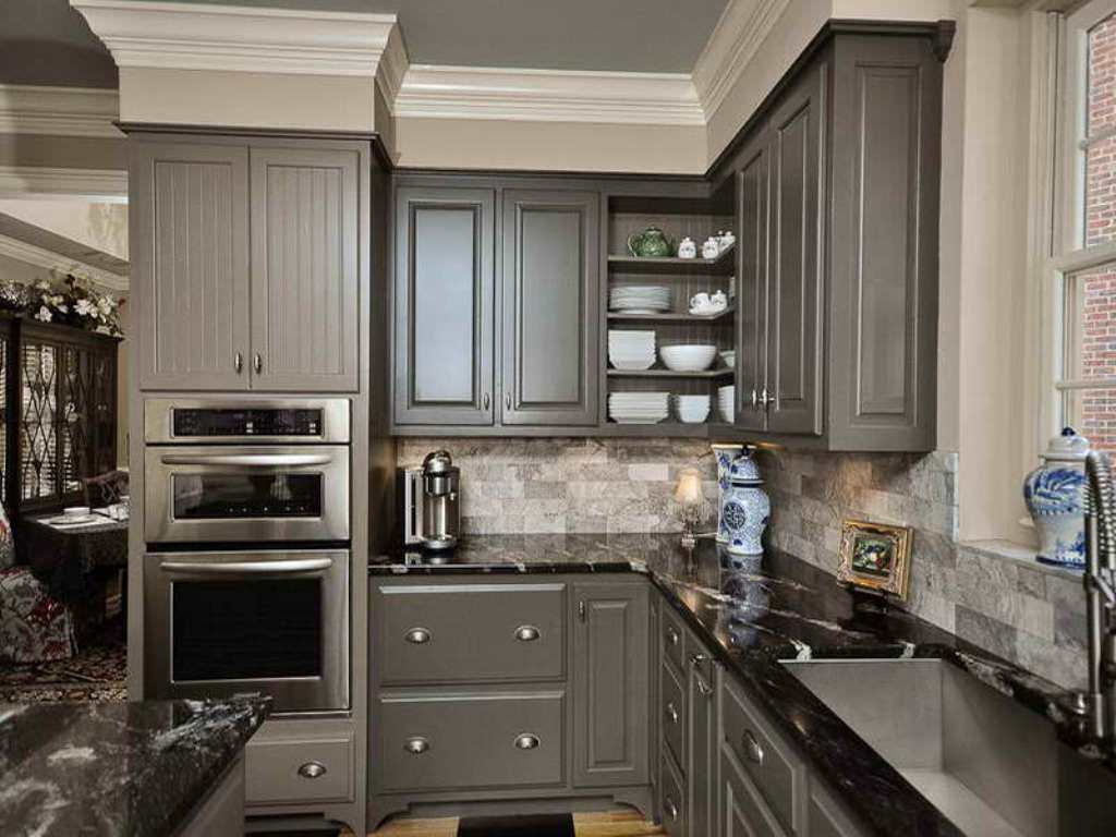 Image of: Gray Kitchen Cabinets With Black Appliances