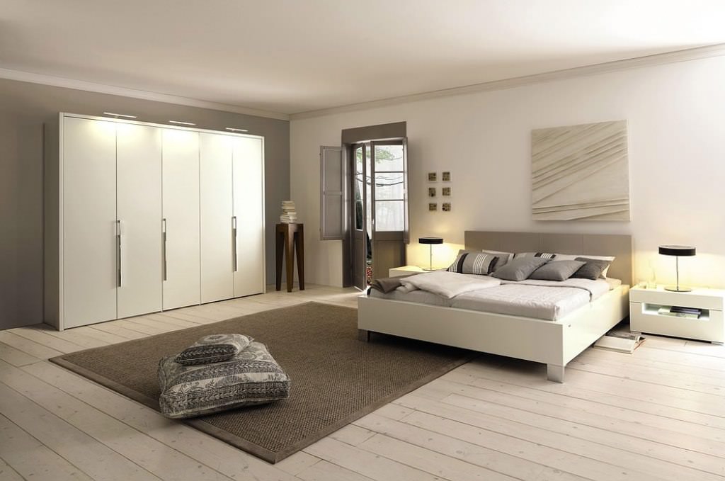 Image of: Bedroom Design White Cabinets Unique Lamp Wood Flooring White wall Wooden Door