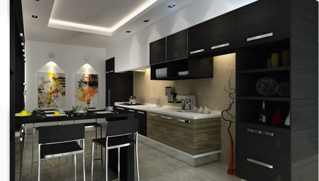 Image of: Wood And Black Cabinets In Kitchen