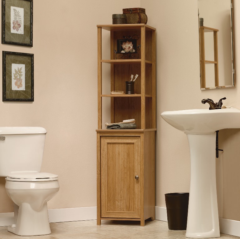 Image of: Tall Corner Storage Cabinet Bathroom Idea