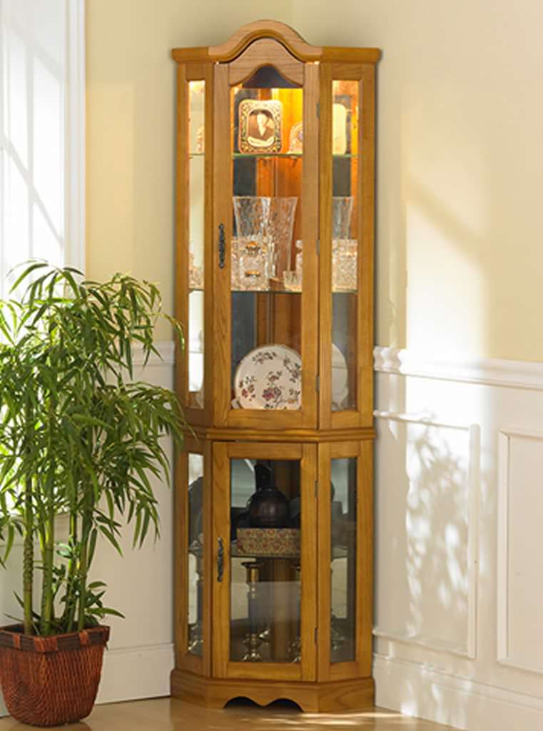 Image of: lighted corner curio cabinet golden oak