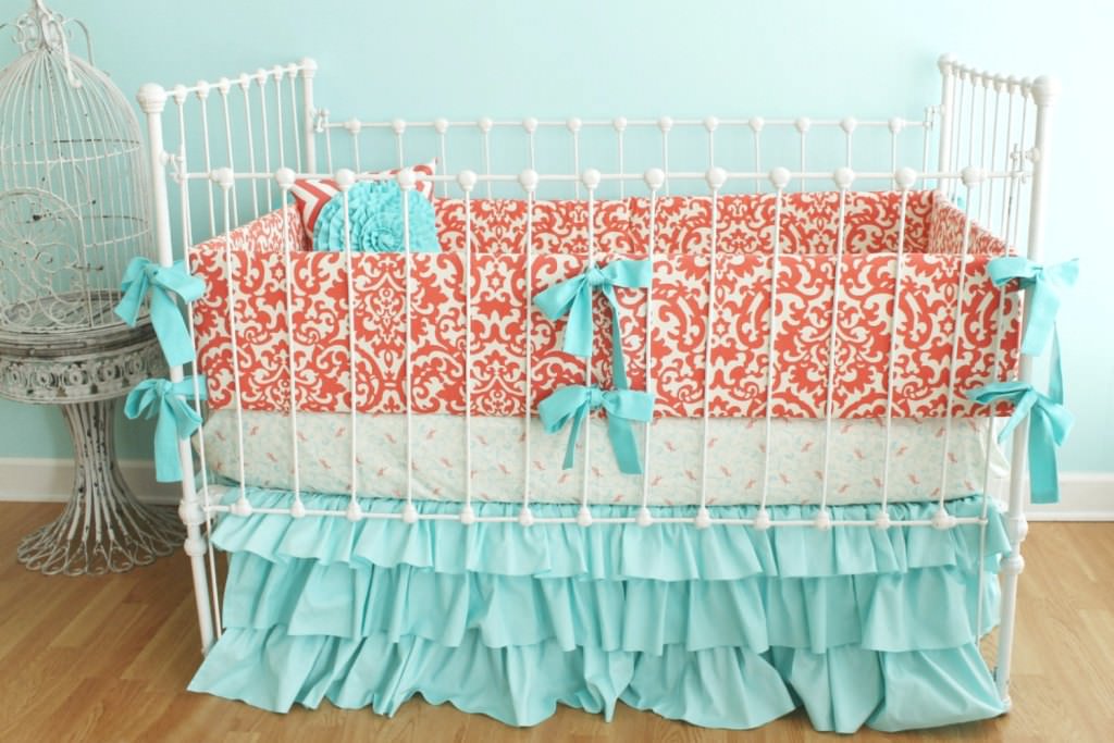 Image of: coral and mint crib bedding