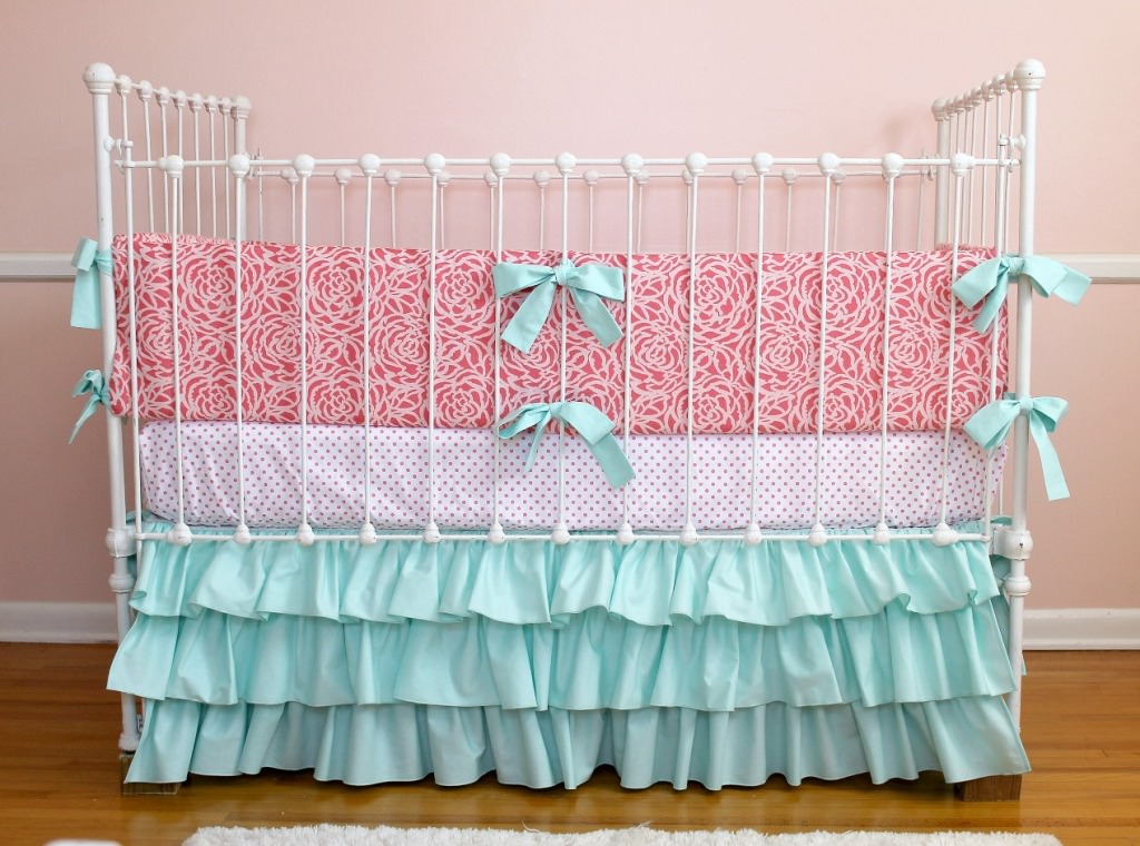 Image of: cute coral and aqua baby bedding
