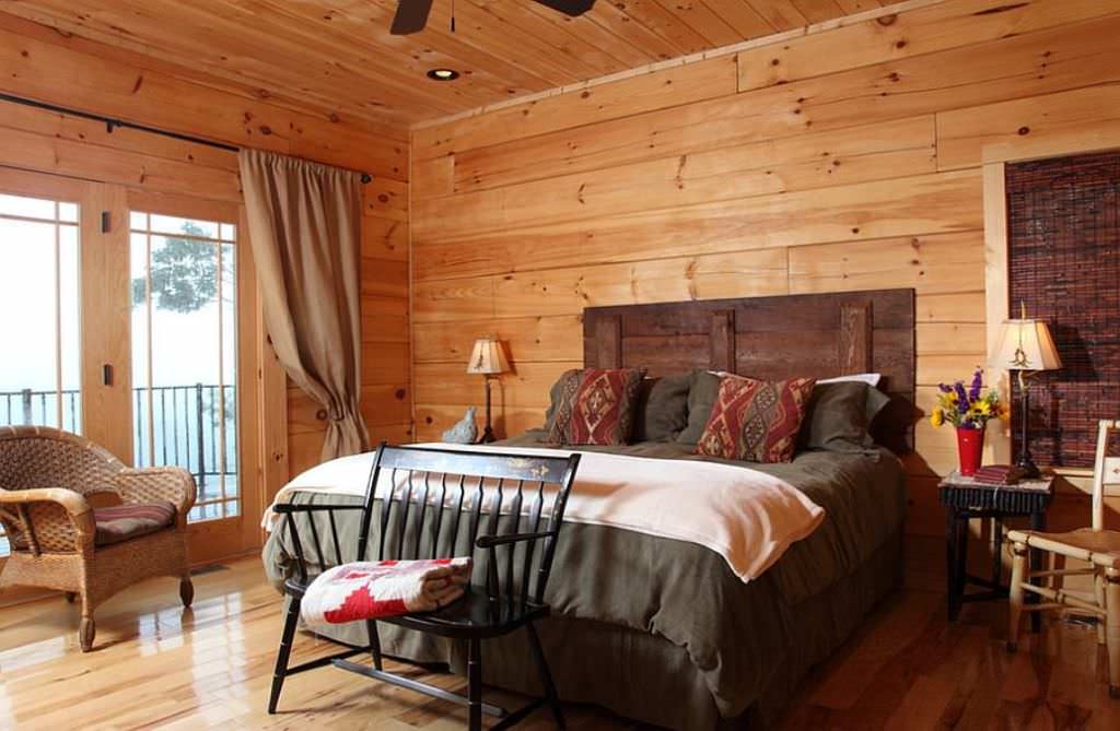 Image of: rustic bedroom with barn wood headboard