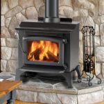wood burning stove with stone wall decoration