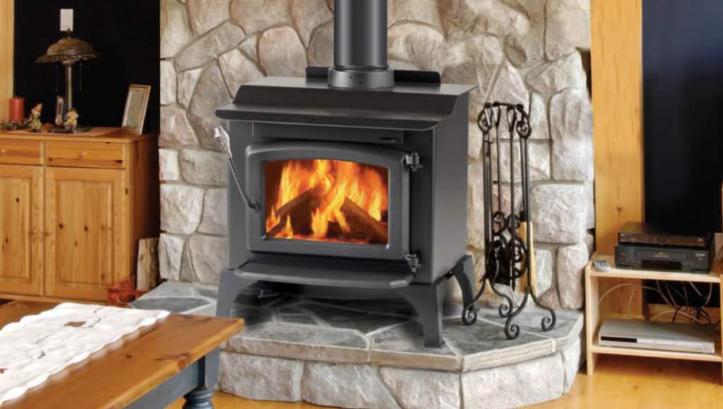 Image of: wood burning stove with stone wall decoration