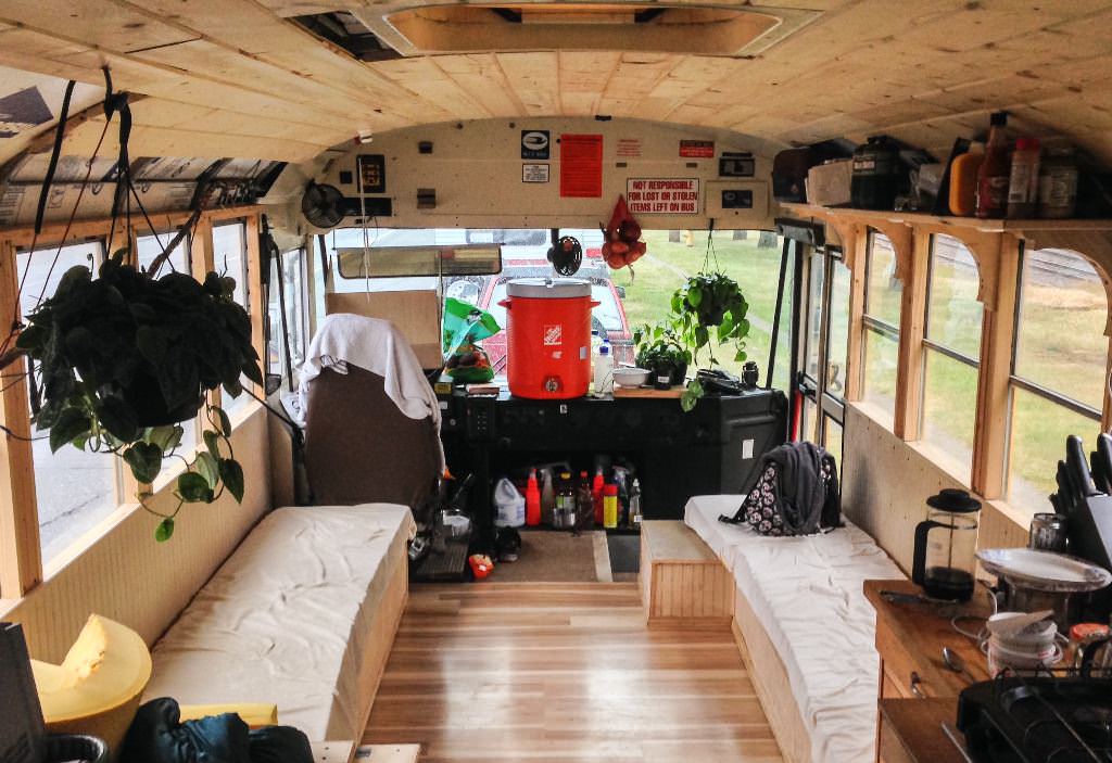 Image of: rustic school bus tiny house interior